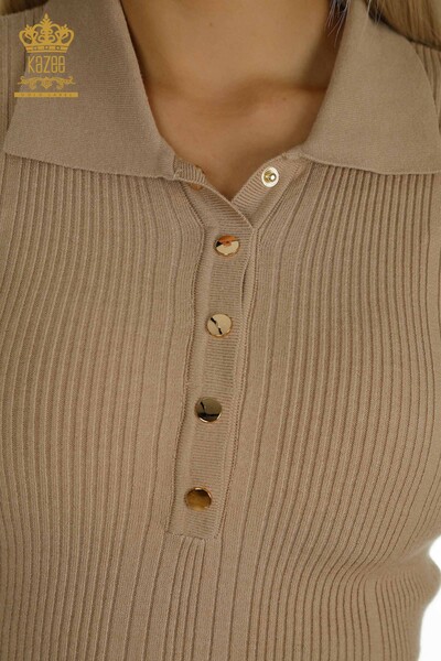Pulover de tricotaj pentru femei cu ridicata - Detaliat nasturi - Bej - 30364 | KAZEE - Thumbnail