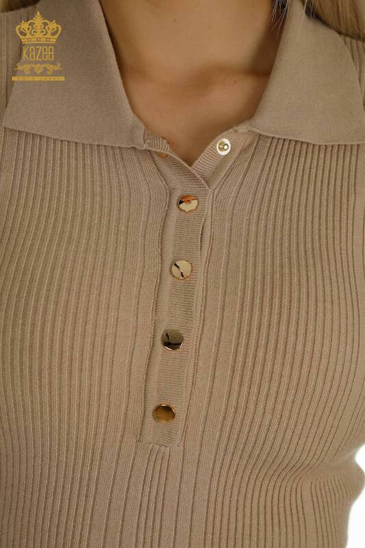 Pulover de tricotaj pentru femei cu ridicata - Detaliat nasturi - Bej - 30364 | KAZEE