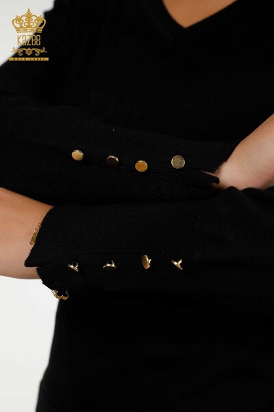 Tricotaj cu ridicata pentru femei Pulover - Nasturi Detaliat - Negru - 30139 | KAZEE - Thumbnail