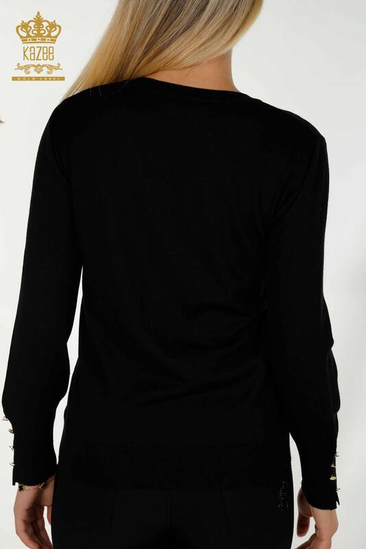 Tricotaj cu ridicata pentru femei Pulover - Nasturi Detaliat - Negru - 30139 | KAZEE