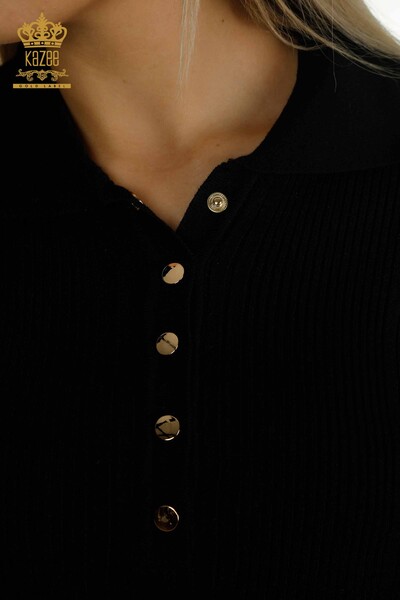 Tricotaj cu ridicata pentru femei Pulover - Detaliat nasturi - Negru - 30364 | KAZEE - Thumbnail