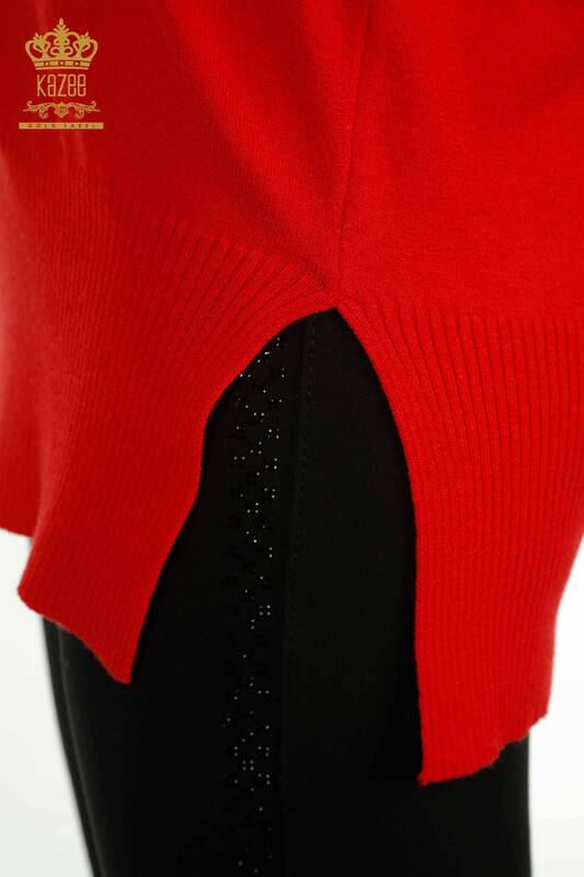 En-gros Tricotaj de damă Pulover Cu Detaliu Cu Fantă roșu - 30193 | KAZEE
