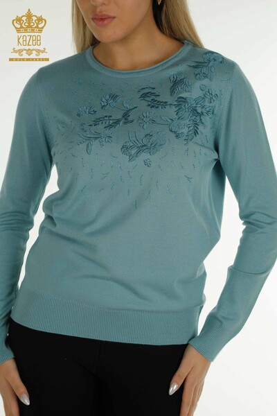 Pulover de tricot pentru femei - cu broderie florală - mentă - 16849 | KAZEE - Thumbnail
