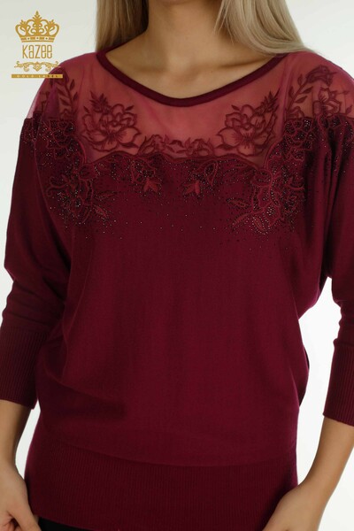 En-gros tricotaje pentru femei Pulover - Cu flori brodate - Liliac - 30228 | KAZEE - Thumbnail
