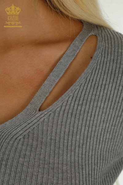 En-gros Tricotaj pentru femei Pulover - Guler Detaliat - Gri - 30392 | KAZEE - Thumbnail