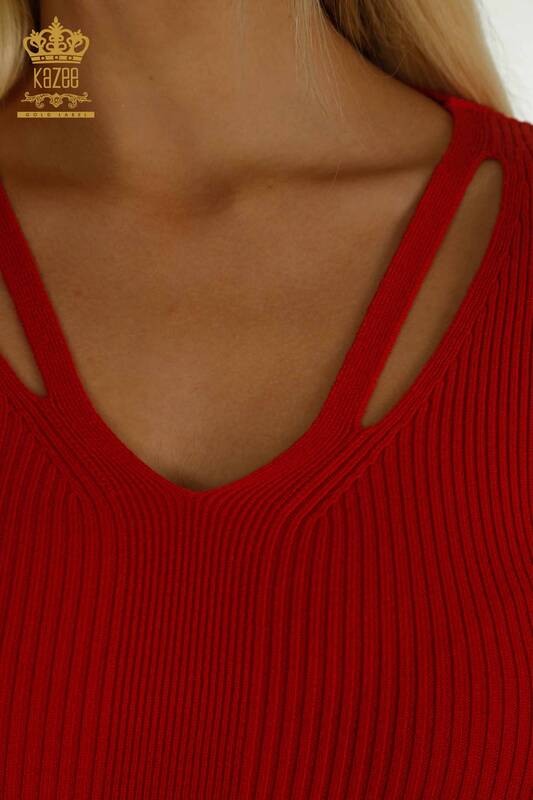 Tricotaj cu ridicata pentru femei Pulover - Guler Detaliat - Roșu - 30392 | KAZEE