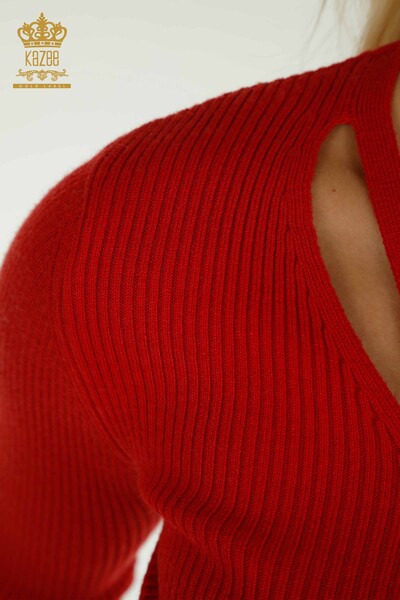 Tricotaj cu ridicata pentru femei Pulover - Guler Detaliat - Roșu - 30392 | KAZEE - Thumbnail