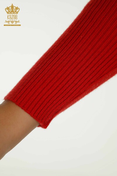 Tricotaj cu ridicata pentru femei Pulover - Guler Detaliat - Roșu - 30392 | KAZEE - Thumbnail