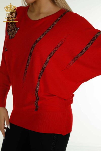 En-gros Tricotaj pentru femei Pulover Leopard piatră Brodat Roșu - 30633 | KAZEE - Thumbnail