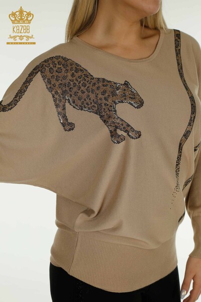 En-gros Tricotaj de damă Pulover - Leopard Pietre brodate - Bej - 30633 | KAZEE - Thumbnail