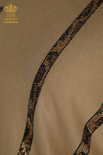 En-gros Tricotaj de damă Pulover - Leopard Pietre brodate - Bej - 30633 | KAZEE - Thumbnail