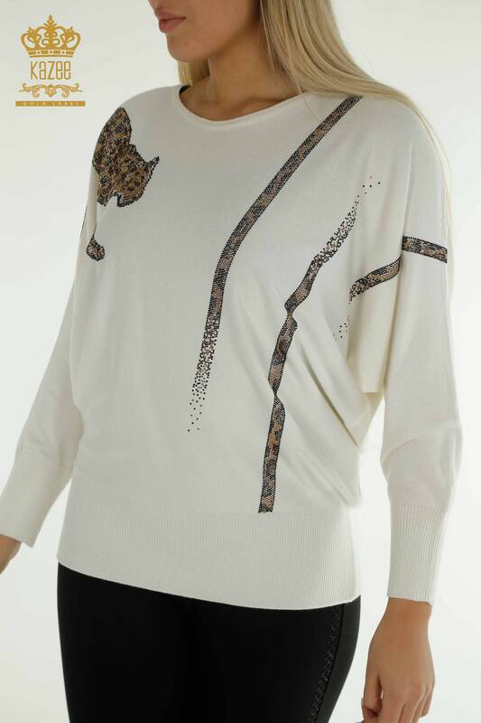 En-gros Tricotaj pentru femei Pulover Leopard Pietra Brodat Ecru - 30633 | KAZEE