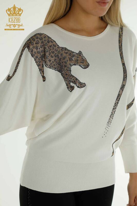 En-gros Tricotaj pentru femei Pulover Leopard Pietra Brodat Ecru - 30633 | KAZEE