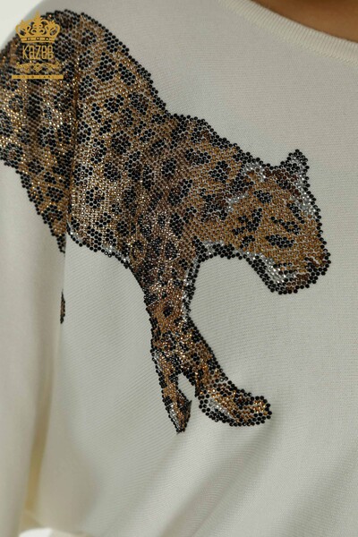 En-gros Tricotaj pentru femei Pulover Leopard Pietra Brodat Ecru - 30633 | KAZEE - Thumbnail