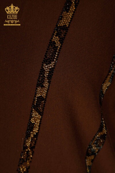 En-gros Tricotaj pentru femei Pulover Leopard Piatră Brodat Maro - 30633 | KAZEE - Thumbnail