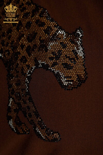 En-gros Tricotaj pentru femei Pulover Leopard Piatră Brodat Maro - 30633 | KAZEE - Thumbnail