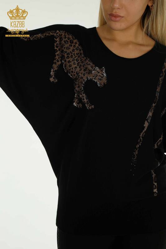 En-gros Tricotaj pentru damă Pulover - Leopard - Pietre brodate - Negru - 30633 | KAZEE