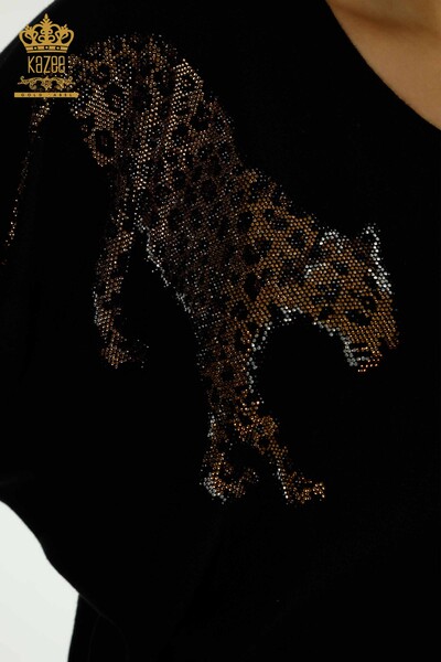 En-gros Tricotaj pentru damă Pulover - Leopard - Pietre brodate - Negru - 30633 | KAZEE - Thumbnail