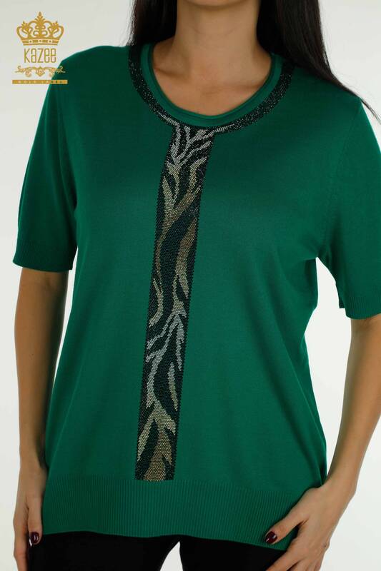 En-gros Tricotaj pentru femei Pulover Leopard Stone Brodat Verde - 30324 | KAZEE