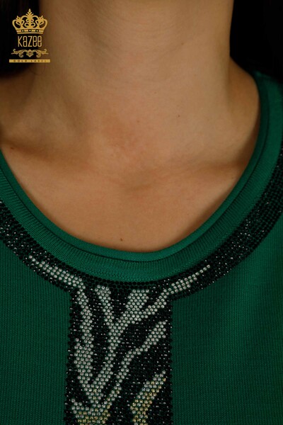 En-gros Tricotaj pentru femei Pulover Leopard Stone Brodat Verde - 30324 | KAZEE - Thumbnail