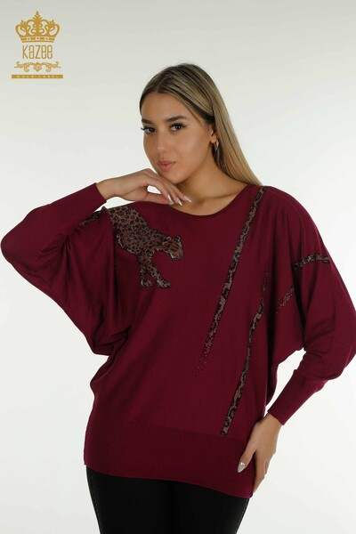 Kazee - Pulover de tricotaj pentru femei - Leopard Brodat cu piatra - Liliac - 30633 | KAZEE