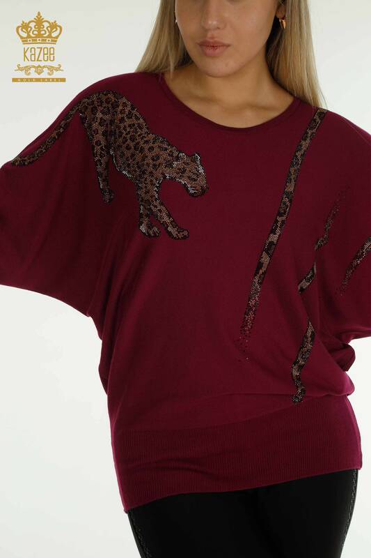 Pulover de tricotaj pentru femei - Leopard Brodat cu piatra - Liliac - 30633 | KAZEE