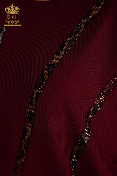 Pulover de tricotaj pentru femei - Leopard Brodat cu piatra - Liliac - 30633 | KAZEE - Thumbnail