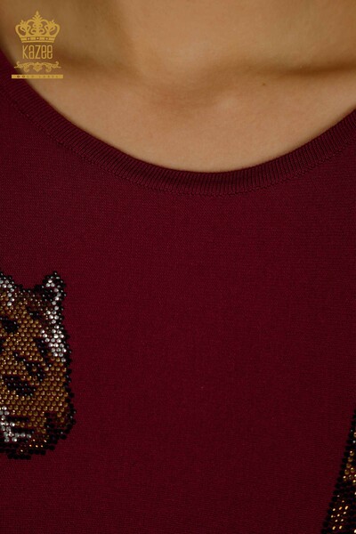 Pulover de tricotaj pentru femei - Leopard Brodat cu piatra - Liliac - 30633 | KAZEE - Thumbnail