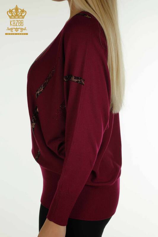 Pulover de tricotaj pentru femei - Leopard Brodat cu piatra - Liliac - 30633 | KAZEE