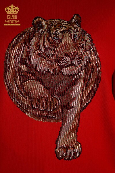 Pulover de tricotaj pentru damă cu ridicata - Leopard Brodat cu piatră - Roșu - 30747 | KAZEE - Thumbnail