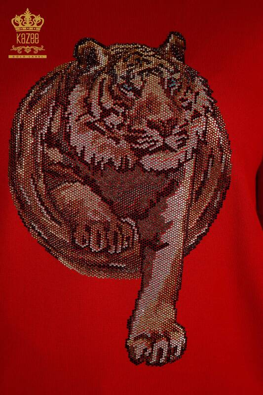 Pulover de tricotaj pentru damă cu ridicata - Leopard Brodat cu piatră - Roșu - 30747 | KAZEE