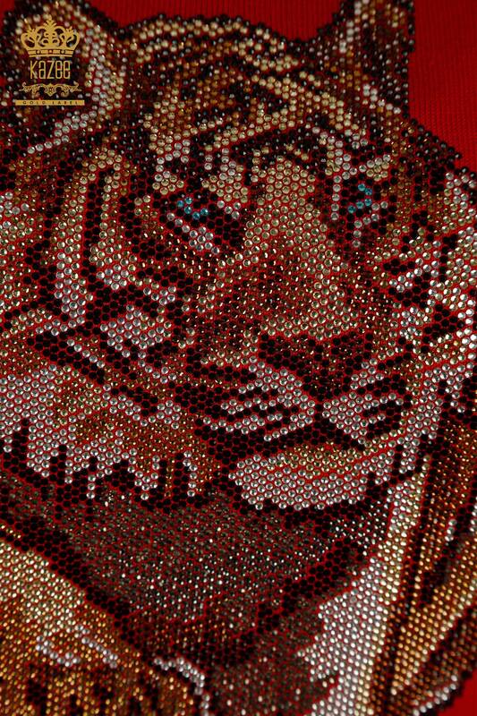 Pulover de tricotaj pentru damă cu ridicata - Leopard Brodat cu piatră - Roșu - 30747 | KAZEE
