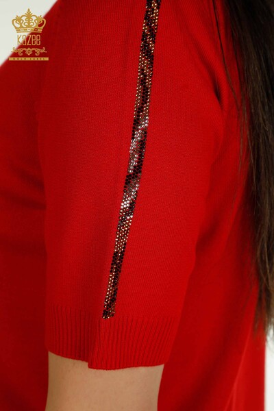 Pulover de tricotaj pentru damă cu ridicata - Leopard Brodat cu piatră - Roșu - 30747 | KAZEE - Thumbnail