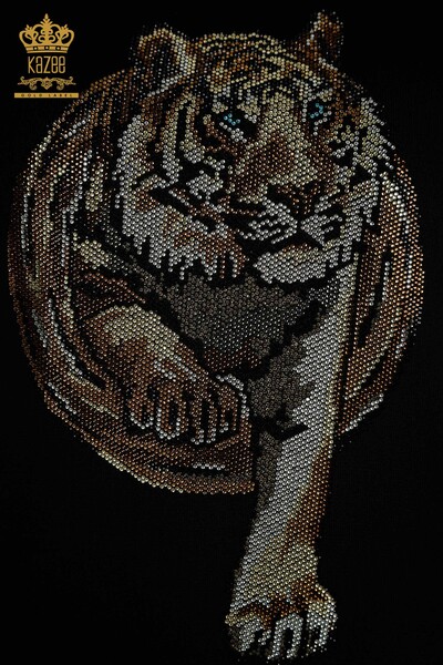 Pulover de tricotaj pentru femei cu ridicata - Leopard - Brodat cu piatra - Negru - 30747 | KAZEE - Thumbnail