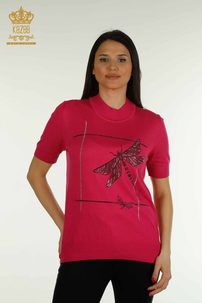 Pulover de tricotaj pentru femei cu ridicata - Detaliat cu libelula - Fuchsia - 30650 | KAZEE - Thumbnail
