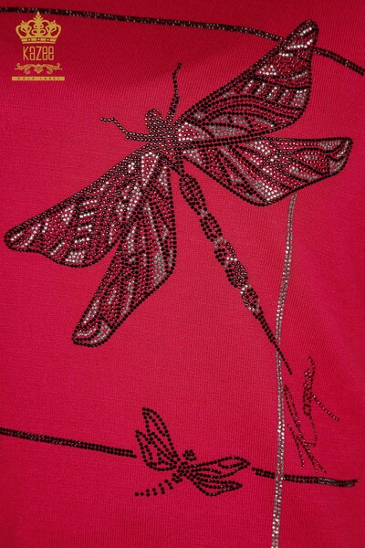 Pulover de tricotaj pentru femei cu ridicata - Detaliat cu libelula - Fuchsia - 30650 | KAZEE - Thumbnail (2)