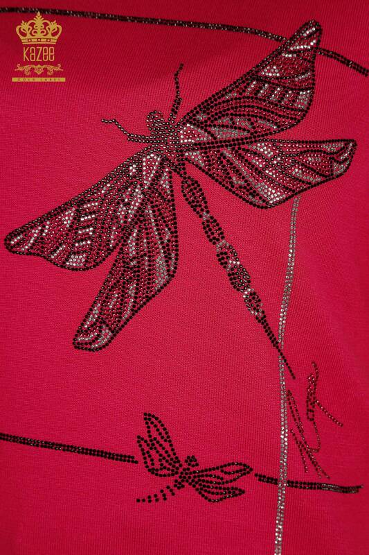 Pulover de tricotaj pentru femei cu ridicata - Detaliat cu libelula - Fuchsia - 30650 | KAZEE