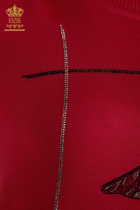 Pulover de tricotaj pentru femei cu ridicata - Detaliat cu libelula - Fuchsia - 30650 | KAZEE