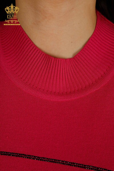 Pulover de tricotaj pentru femei cu ridicata - Detaliat cu libelula - Fuchsia - 30650 | KAZEE - Thumbnail
