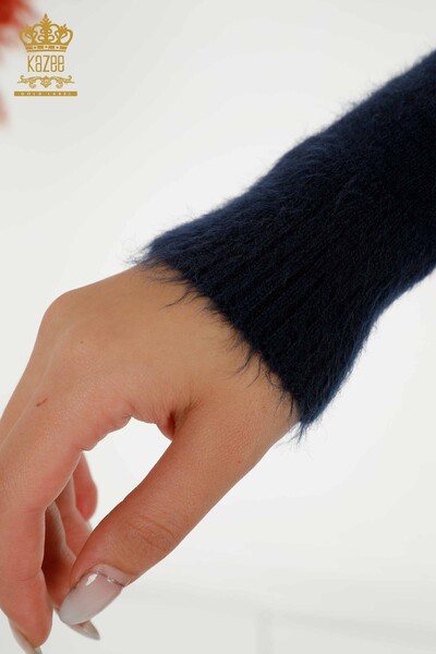 Pulover de tricotaj de damă cu ridicata - Cu Logo - Angora - Albastru Marin - 18432 | KAZEE - Thumbnail