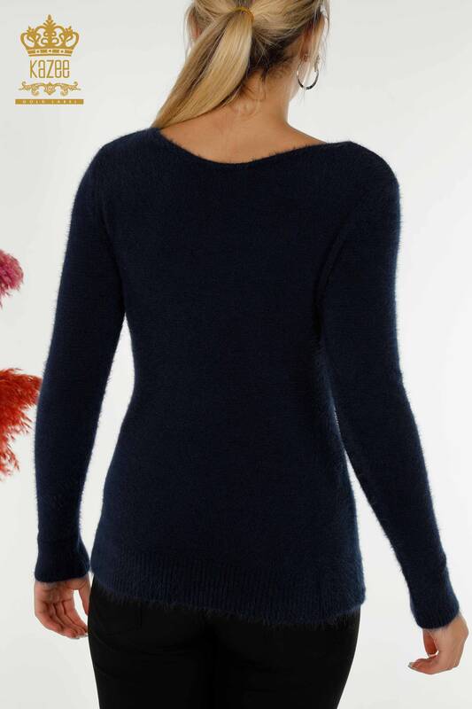 Pulover de tricotaj de damă cu ridicata - Cu Logo - Angora - Albastru Marin - 18432 | KAZEE