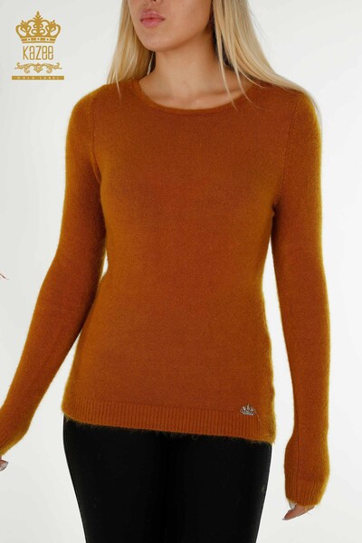 Pulover de tricotaj de damă cu ridicata - Cu Logo - Angora - Muștar - 18432 | KAZEE - Thumbnail