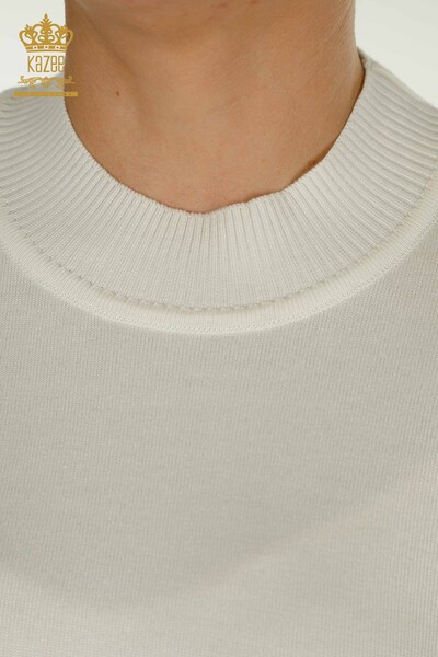 Tricoturi cu ridicata pentru femei Pulover maneca cu piatra brodata Ecru - 30552 | KAZEE - Thumbnail