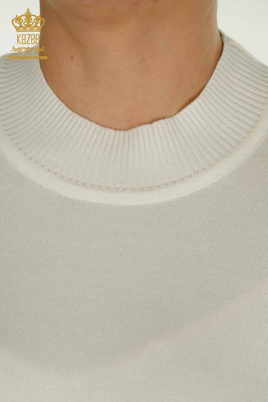 Tricoturi cu ridicata pentru femei Pulover maneca cu piatra brodata Ecru - 30552 | KAZEE