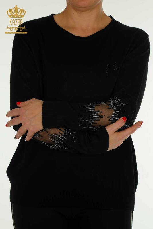 Tricotaj cu ridicata pentru femei Pulover - Maneca detaliata - Negru - 30153 | KAZEE