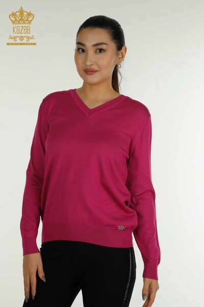 Tricotaj cu ridicata pentru femei Pulover - Maneca lunga - Fuchsia - 11071 | KAZEE - Thumbnail