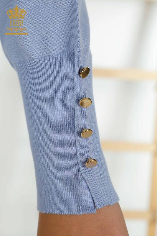 Tricotaj cu ridicata pentru femei Pulover - Maneca Nasturi Detaliat - Albastru - 30506 | KAZEE