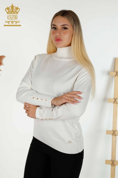 Tricotaj cu ridicata pentru femei Pulover - Mânecă Cu nasturi Detaliat - Ecru - 30506 | KAZEE - Thumbnail