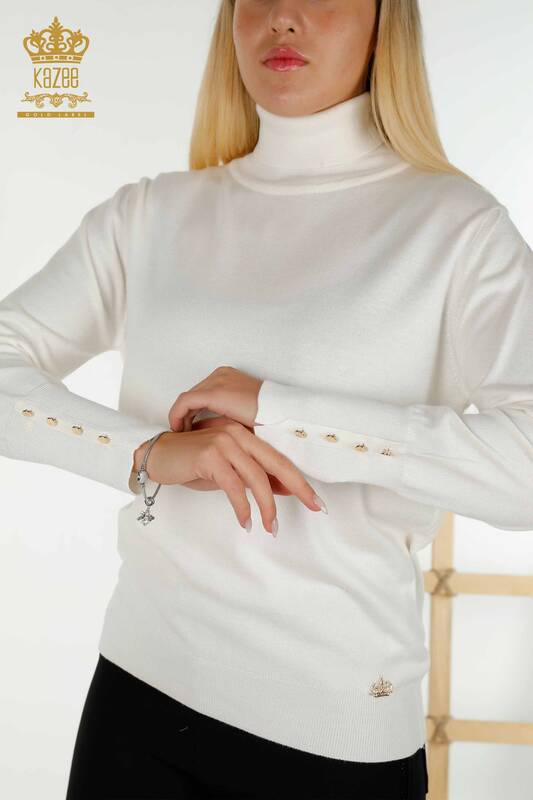 Tricotaj cu ridicata pentru femei Pulover - Mânecă Cu nasturi Detaliat - Ecru - 30506 | KAZEE