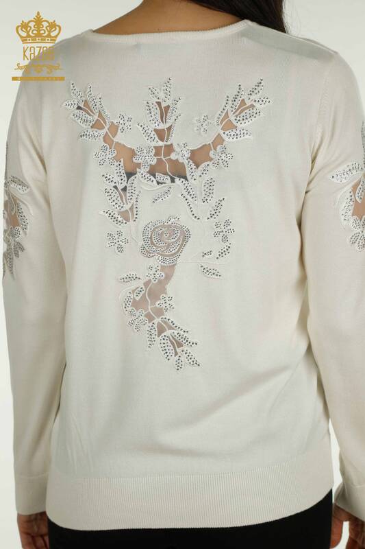 Tricotaj cu ridicata pentru femei Pulover - Maneca Trandafir Detaliat - Ecru - 15374 | KAZEE